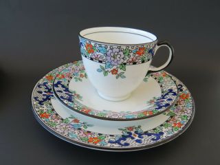 Antique Hand Painted Trio Teacup & Saucer Plate Deco Floral Delphine England