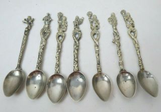 Set Of 7 Antique Figural Silver Plate Demitasse Spoons Italy Griffon Lion Etc.