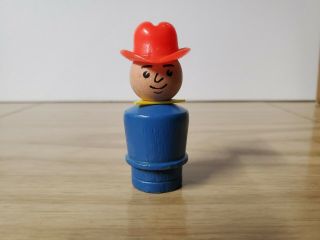 Vintage Fisher Price Wood Little People Blue Farmer Red Hat Yellow Kerchief