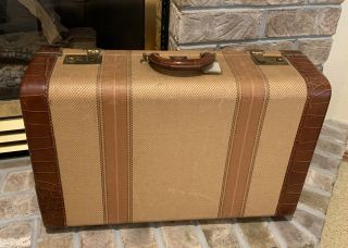 Vintage Aviation Brand Striped Tweed Brass Suitcase Antique 1930 1940s Luggage