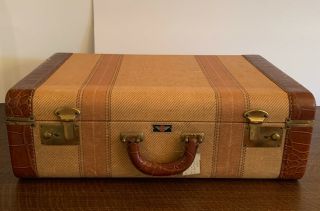 Vintage Aviation Brand Striped Tweed Brass Suitcase Antique 1930 1940s Luggage 2