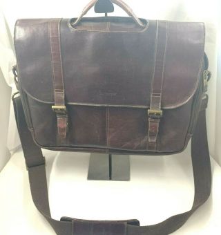 Vintage Brown Leather Flap Over Briefcase Laptop Messenger Bag With Strap