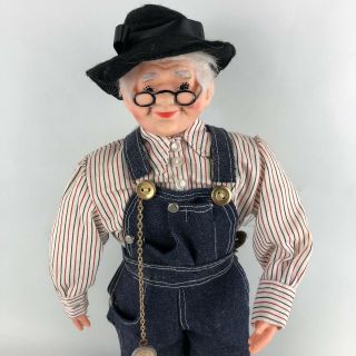 Vintage Rubber Face Hands Stuffed Doll Grandpa Overalls Hat Farmer 12” Tall