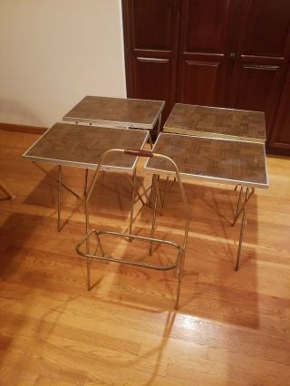 Vintage Mid Century Set 4 Faux Wood Metal Tv Snack Tray Tables W/ Rolling Stand
