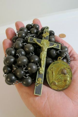 Antique Nun Priest Black Wood Bead Rosary 7 Decade Francois Assisi Antoine Padou