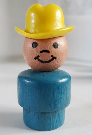 Vintage Fisher Price Wooden Little People Boy W Yellow Cowboy Hat Farmer