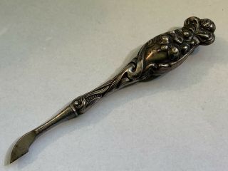 Antique Sterling Silver High Relief Repousse Flower Cuticle Manicure Tool