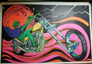 Skeleton Biker Motorcycle 1973 Vintage Blacklight Poster By Bill Hoorman