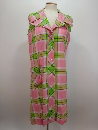Vtg 1960s Mid Century Mod Pink Plaid House Shirt Dress Summer Lightweight Medium