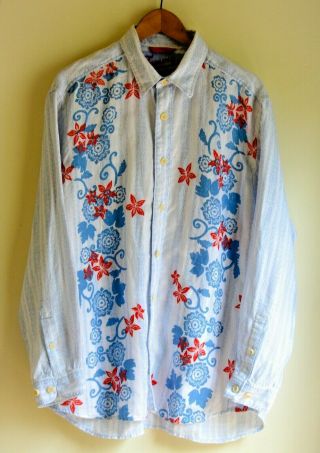 Vtg 90s Tommy Bahama Button Down Up Blue White Red Long Sleeve Linen Shirt L