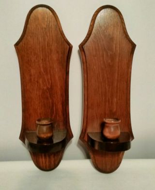 Vintage Pair Oak Wood Wall Sconce Candle Holder Country Farmhouse 14.  75 " Tall