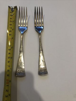 2 Holmes Booth & Haydens Silver Plated Forks Japanese Pattern 1890s 7 1/2” Long