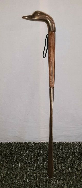 Vintage Brass Duck Head With Wood Handle And Brass Shoe Horn 22 "