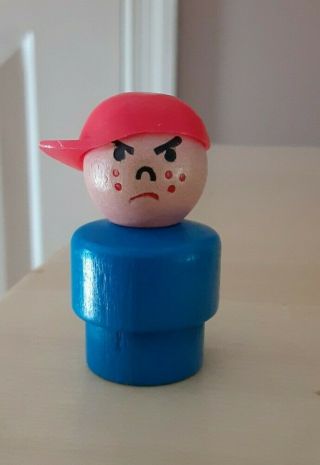 Htf Vintage Fisher Price Little People All Wood Blue Mad Boy/bully Red Cap