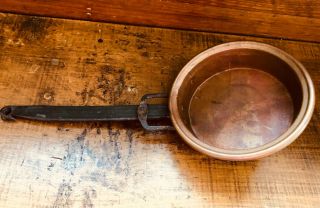 Antique Primitive Hand Hammered Copper Pan With Long Forged Iron Handle