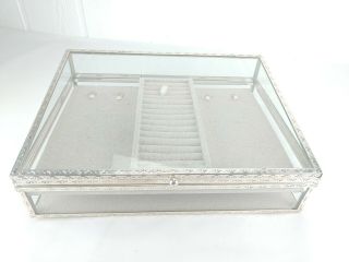Pottery Barn Antique Silver Metal Glass Jewelry Box Double Layer Women 