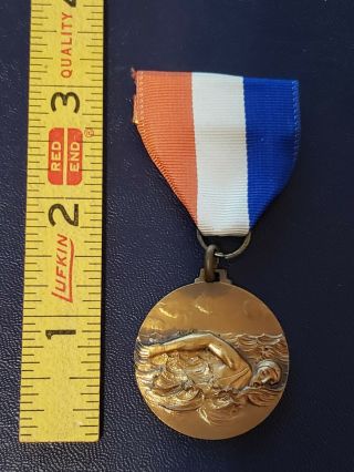 Vtg Amateur Athletic Union Bronze Medal Ribbon Pin Swim Aau 1960 Junior Olympics