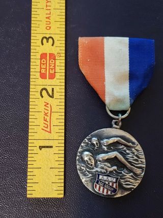 Vtg Amateur Athletic Union Silver Medal Ribbon Pin Swim Aau 1960 Junior Olympics