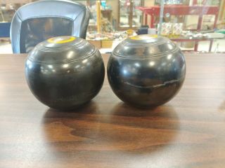 ANTIQUE PAIR MONOGRAMMED LAWN BOWLING BALLS - GREAT PAIR 3