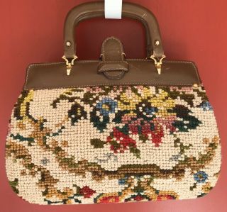 Vintage Needlepoint Tapestry Purse Handbag With Leather Handles