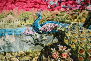 Large 72 X 48 " Vintage Peacock Swan Tapestry Rug Wall Hanging 78