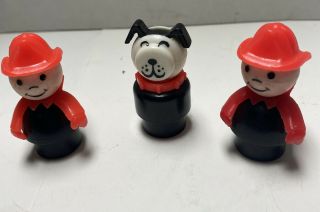 Vintage Fisher Price Little People 2 Firemen With Red Arms & Lucky Dog