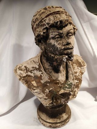 Vintage Shabby Chic Black Americana Bust Man Sculpture Plaster Chalkware