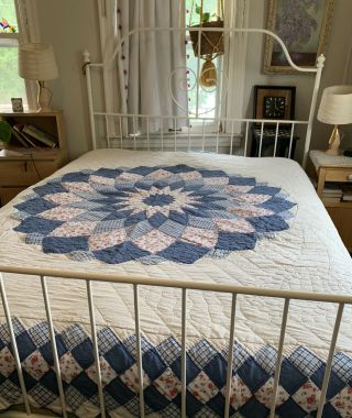 Hand Quilted Lone Star Full Queen Size Shades Of Blue Scalloped Edge Quilt