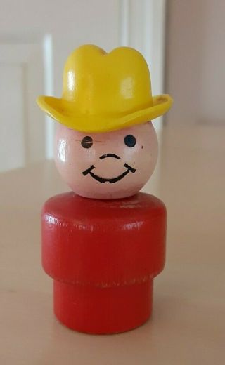 Vintage Fisher Price Little People All Wood Red Farmer Boy/cowboy W/yellow Hat