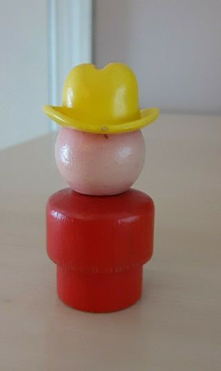Vintage Fisher Price little people all wood red farmer boy/cowboy w/yellow hat 2
