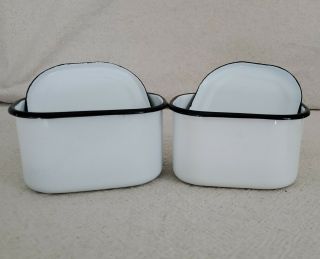 Set Of 2 Small Vintage Antique Enamelware Containers White Black Trim With Tops