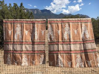 Vintage Mid - Century Cowboy Camp Blanket Curtain Panels - Lined Pair Western Design