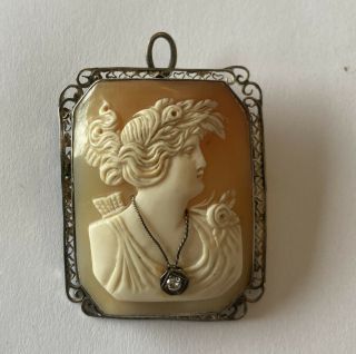 Antique 14k White Gold Cameo Pin Brooch Pendant With Diamond