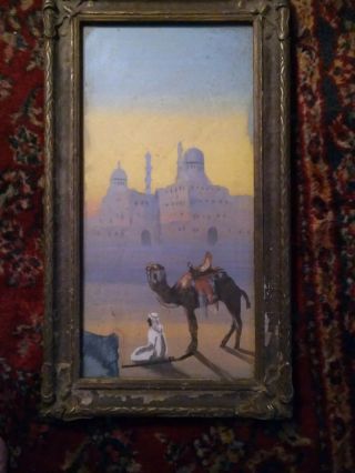 Antique Oil Painting Arab With His Camel Worship In The Desert