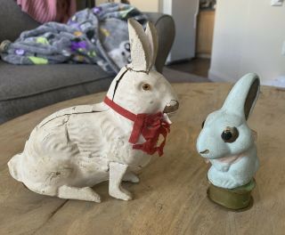 Antique Easter Bunny Rabbit German Candy Containers Vtg Paper Mache Glass Eyes