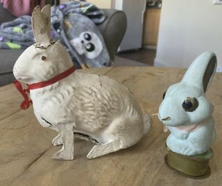 Antique Easter Bunny Rabbit German Candy Containers vtg Paper Mache Glass Eyes 3