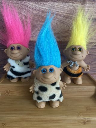 3 Caveman Dinotroll Troll Dolls Vintage 90’s My Kids Toys Pink Blue Yellow Hair