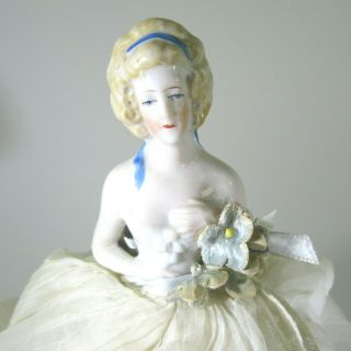 Vintage Porcelain Half Doll / Pin Cushion / Blue Hair Ribbon Lace Dress Germany