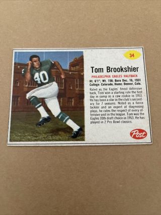 1962 Post Cereal Football Card 34.  Tom Brookshier.  Philadelphia Eagles.