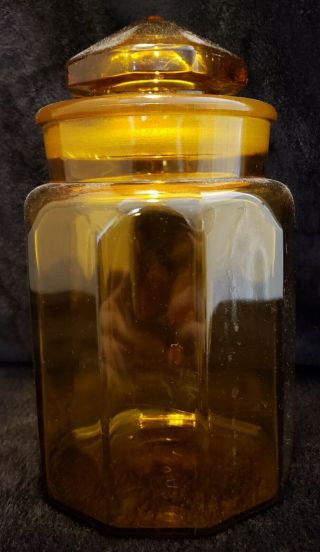 Vintage Amber Glass Apothecary Pharmacy Jar Canister Ground Top 11 3/4 " With Lid