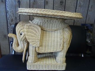 Vintage Wicker Elephant End/side/accent Table With Removable Tray,  Trunk Up