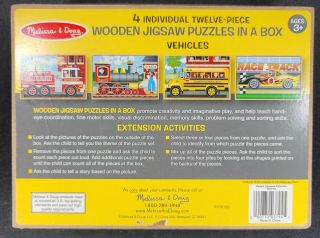 Melissa & Doug 4 Individual 12 Piece Wooden Jigsaw Puzzles In A Box Vehicles