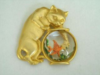 Vintage Cat In Fish Bowl Lucite Jelly Belly Pin Brooch Signed Jj