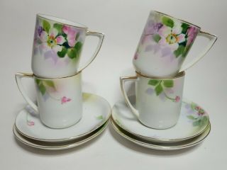 Antique/vintage Set Of 4 Hand Painted Nippon Demitasse Floral Tea Cups & Saucers