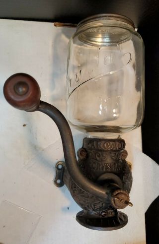 Antique Arcade Crystal No.  3 Cast Iron & Glass Wall Mount Coffee Grinder W/lid