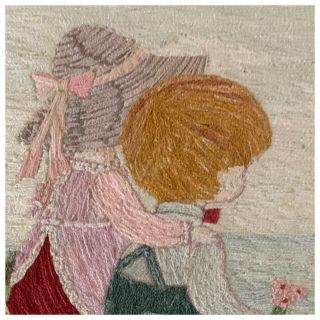 Charming Joan Walsh Anglund Vintage Embroidery 12”x18” Children At The Sea Shore