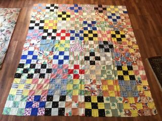 5 Vintage Antique C1940 Nine 9 - Patch Pattern Quilt Top Handmade 69x79 Old Fabric