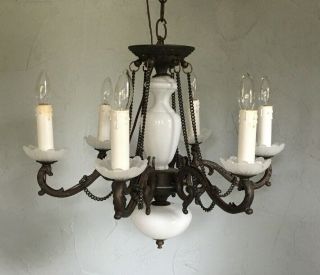 Vintage Hanging Light Antique Colonial Style Chandelier Brass Glass 6 Bulb Lamp
