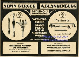 Dental Equipment Berger & Blankenburg German Ad 1920 Berlin Germany Dentist Xc