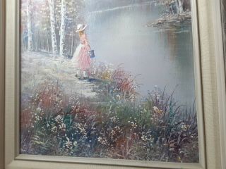 Vintage Signed Oil Painting Walton Pastel Lady By The Lake